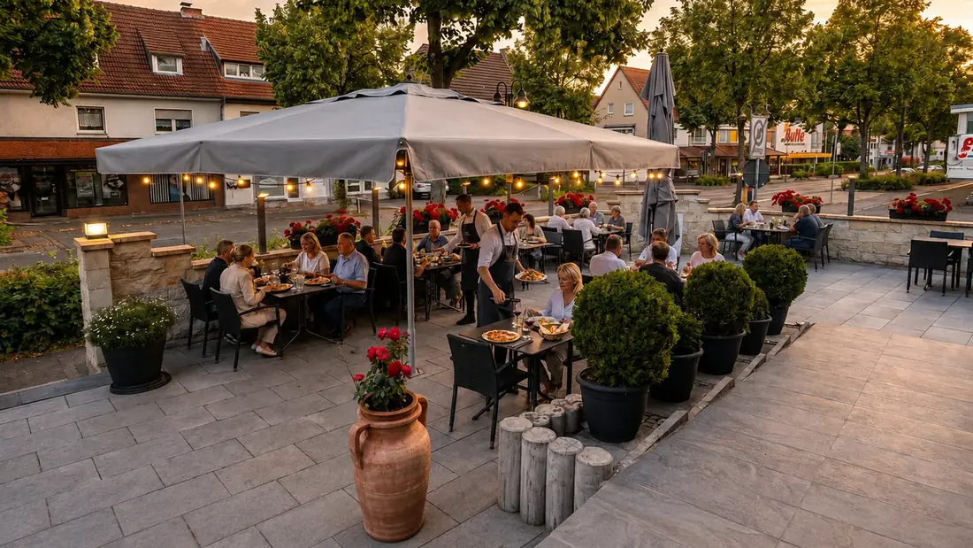 Gäste an langen Tischen auf der Terrasse des Avanti in Vellmar am Abend
